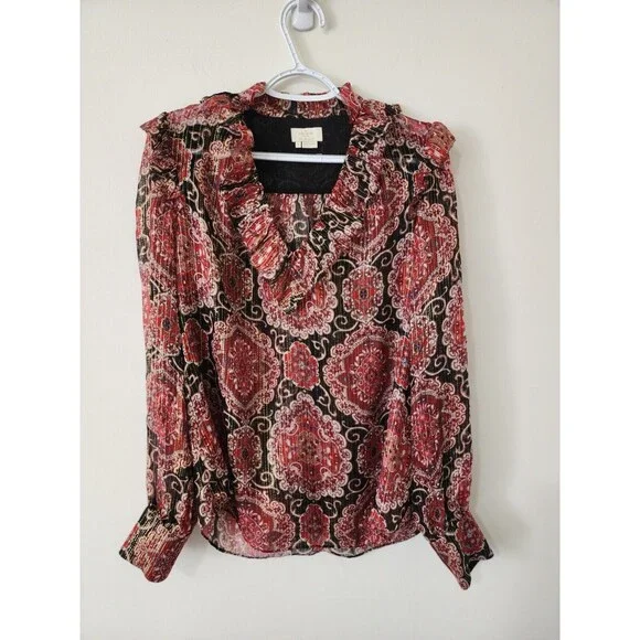 Kate Spade Womens Blouse Red Gold Black Long Sleeve Ruffles Sheer *FLAW* Size S - Picture 1 of 9